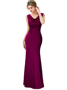 Robe longue Magenta en velours de soie unicolore à dos décolleté plissé col bénitier