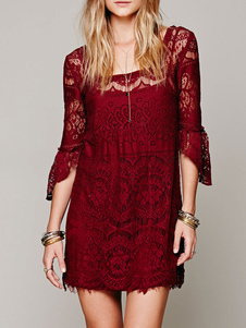 Robe en dentelle de Bourgogne au carré robe courte Manche 3/4 longueur manches volants féminins