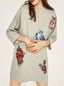 Fabuleuse robe droite casual en coton impression surdimensionné brodé col rond