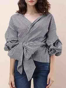 Bande noire Blouses Puff V Neck Bow Sash surdimensionné haut à manches féminines