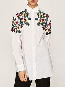 Chemises blanches floral féminin brodé Long Manche surdimensionné chemisiers
