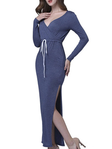 V cou manches longues cordon coton Slim Fit scission robe longue bleue robe Maxi féminin
