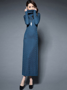 Maxi robe en tricot laine bleu profond col manches longues Slim Fit robe pull