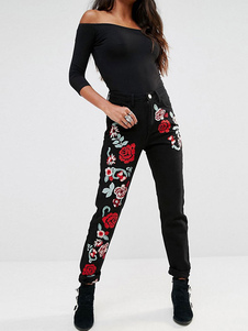 Floral brodé façonnage pantalon Denim Jeans féminin noir