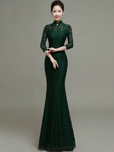 Manches 3/4 Semi Cheongsam robe dentelle maxi robe sirène féminin