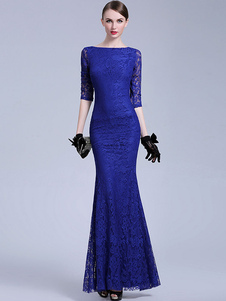 Robe de sirène Half Sleeve maxi dentelle robe bleu Bateau dos-nu féminin