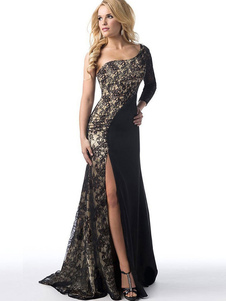Split haute étage longueur longue robe Maxi robe une épaule dentelle Patchwork féminines noire
