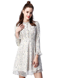 Magnifique robe droite style britannique en chiffon blanc imprimé fleuri moulant avec bouton col ron