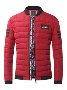 Manteau matelassé rouge Stand col manches longues Zip Up coton manteau d’hiver pour les hommes