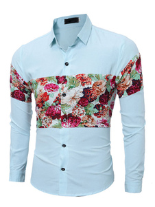 Coton Chemise océan bleu col Turndown Floral manches longues hommes imprimé Slim Fit chemise décontr