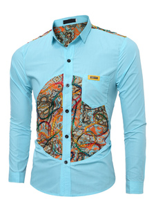 Océan chemise coton col Turndown bleu manches longues masculine Slim Fit chemise décontractée