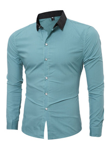 Coton Chemise col Turndown vert manches longues hommes Slim Fit chemise décontractée