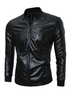 Noir PU blouson en cuir Stand col manches longues veste d’hiver masculin Slim Fit