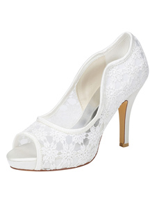 Lacet chaussures de mariée Ivoire Stiletto talon plate-forme Peep Toe Slip sur les pompes pour maria