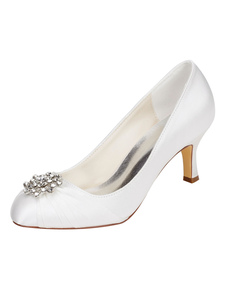 Mariage Ivoire chaussures Kitten soie talon strass Slip On Round Toe Luxe Bridal pompes