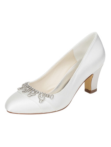 Chaussures de mariée Ivoire soie Chunky talon strass ronde Toe Slip sur les pompes pour mariage