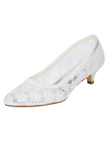 Mariage chaussures Ivoire chaton talon rond Slip Toe chaussures de mariée en dentelle