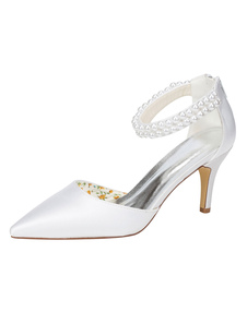 Chaussures de mariée blanc soie Stiletto talon bout pointu perles détail Ankle Strap chaussures de m
