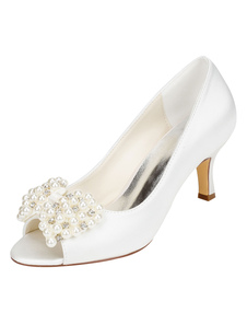 Chaussures de mariée Ivoire soie chaton talon Peep Toe Pearl s’inclina feuillet sur les pompes de ma
