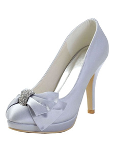 Chaussures de mariée argent soie haut talon plateforme s’inclina Slip Round Toe pompes pour mariage
