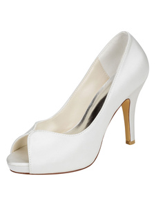 Chaussures de mariée Ivoire soie haut talon plate-forme Peep Toe Slip sur les pompes pour mariage