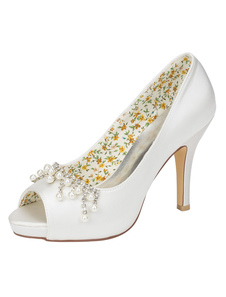 Mariage Ivoire chaussures talon haut soie strass perle Peep Toe Slip sur pompes nuptiales