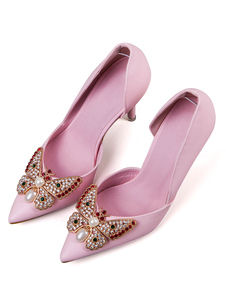 Talons hauts rose bout pointu pompes talon aiguille de perles strass papillon