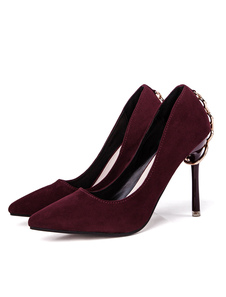 Talons hauts Bourgogne Nubuck a souligné Toe détail métal Slip sur pompes talon aiguille