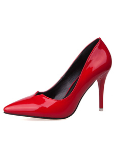 Rouge pompes des femmes talon haut bout pointu glisser sur les chaussures de talon aiguille