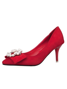 Talons hauts rouge bout pointu perles perlées Slip femmes sur pompes talon aiguille