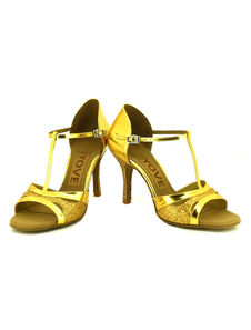 Pratiques chaussures de danse latine en tissu de paillettes à talons aigus T-bracelet unicolore et b