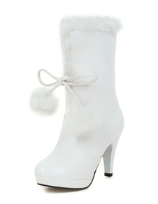 Blanc de Lace hiver bottes fourrure haut haut talon bottes féminines Up bottes plateforme avec pompo
