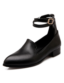 Noires pompes femmes a souligné Toe Slip sur cheville bracelet Chunky Heel Shoes