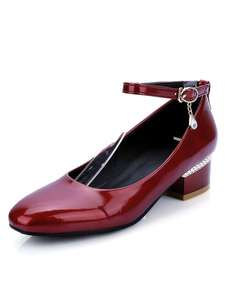 Pompes Bourgogne Chunky talon femmes carré Toe Ankle Strap mince sur les pompes