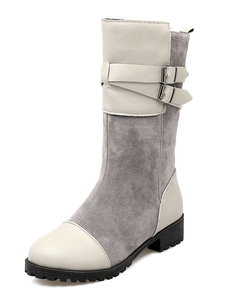 Bottes talon Chunky Double boucle Patchwork gris de Short Suede Boots femmes