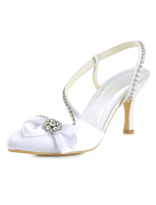 White Wedding Shoes Satin talon haut strass perlé ronde Toe talon aiguille pompes nuptiale avec Bow