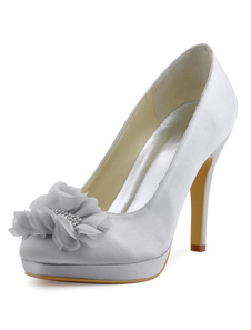 Argent chaussures de mariée Satin haut talon orteil rond fleurs glisser sur les pompes pour mariage