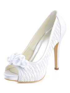 Chaussures de mariage blanc Satin Stiletto talon Peep Toe fleurs perlé Slip On pompes nuptiales