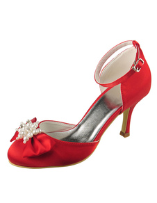Perles Satin Stiletto talon chaussures de mariée rouge s’inclina Round Toe cheville Strap Slip sur l