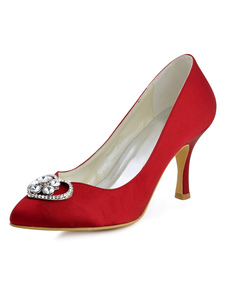Rouge Satin Stiletto talon de chaussures de mariage strass bout pointu perlé Slip sur pompes nuptial