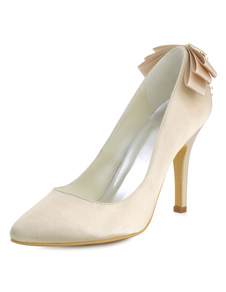 Champagne mariage chaussures de haut talon relevé Toe strass Slip une mariée pompes avec Bow