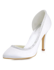 Ivoire, mariage chaussures Satin talon aiguille a souligné Toe strass perles Slip sur pompes nuptial