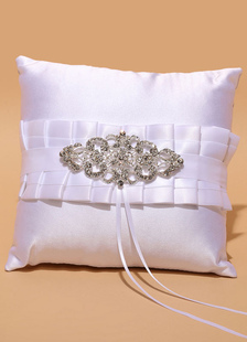 Anneau porteur oreiller blanc perlé ruban plissé Sash Satin bague de mariage oreiller