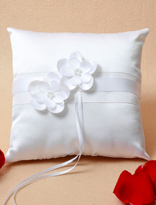 Anneau porteur oreiller perles blanches fleurs mariage Satin perlé oreiller avec rubans