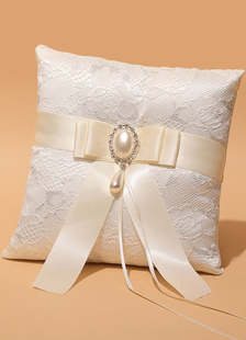 Oreiller d’anneau porteur oreiller Ivoire perles rubans perlés Bow dentelle mariage