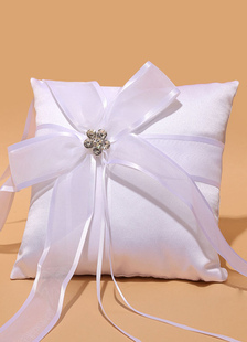 Anneau porteur oreiller blanc strass perles rubans Bow Satin mariage oreiller