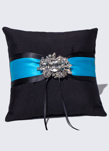 Bague de mariage oreiller noir perlé bleu Sash Satin anneau porteur oreiller