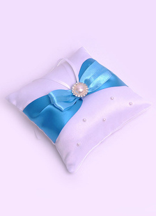 Anneau porteur oreillers perles bleu ruban perlé Bow Satin bague de mariage oreiller