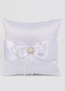 Oreiller d’anneau porteur oreiller perles blanches ruban perlé Bow Satin mariage