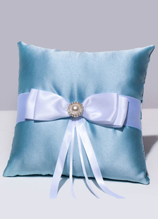 Anneau porteur oreiller Satin bleu perle perles rubans Bow mariage oreiller